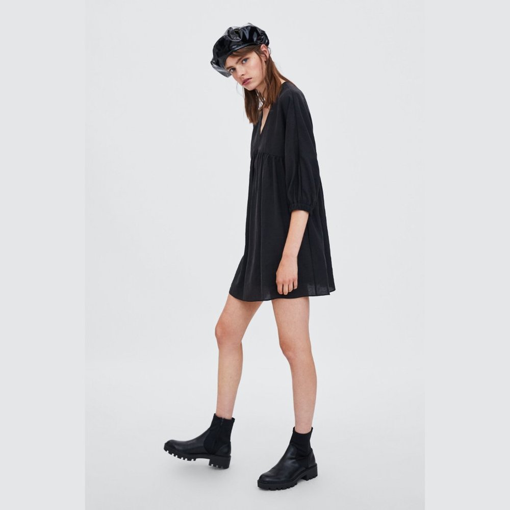 SOLD ZARA Puff Sleeve Babydoll Dress Black M - Picture 4 of 14